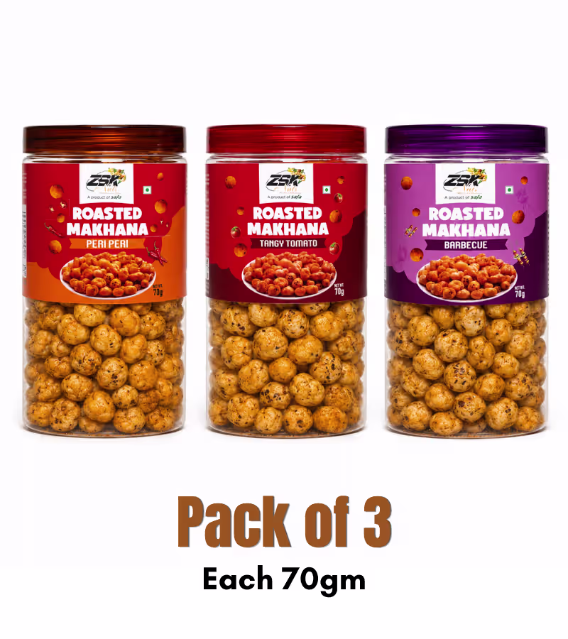 13 Roasted Makhana Fox Nuts Peri Peri, Tangy Tomato & Barbecue | COMBO - Each 70gm, Pack of 3 - Image 1