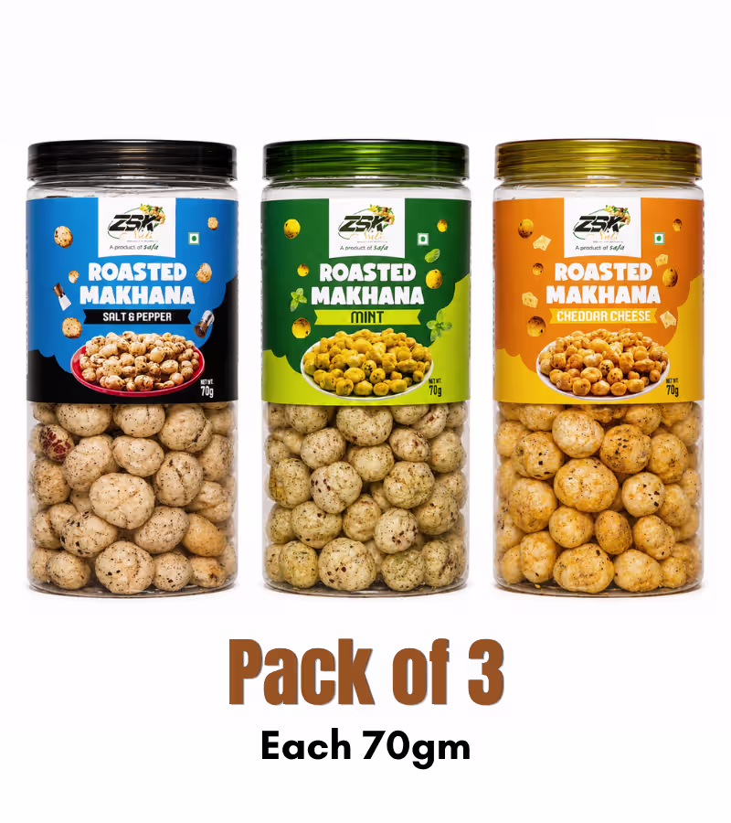 14 Roasted Makhana Salt & Pepper, Mint & Cheddar Cheese | COMBO - Each 70gm, Pack of 3 - Image 1