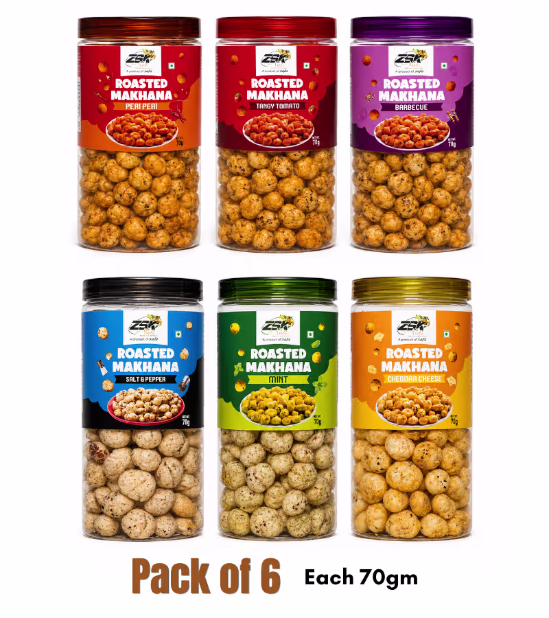 15 Roasted Makhana | Peri Peri, Tangy Tomato, Barbecue, Salt & Pepper, Mint & Cheddar Cheese | COMBO - Each 70gm, Pack of 6 - Image 1