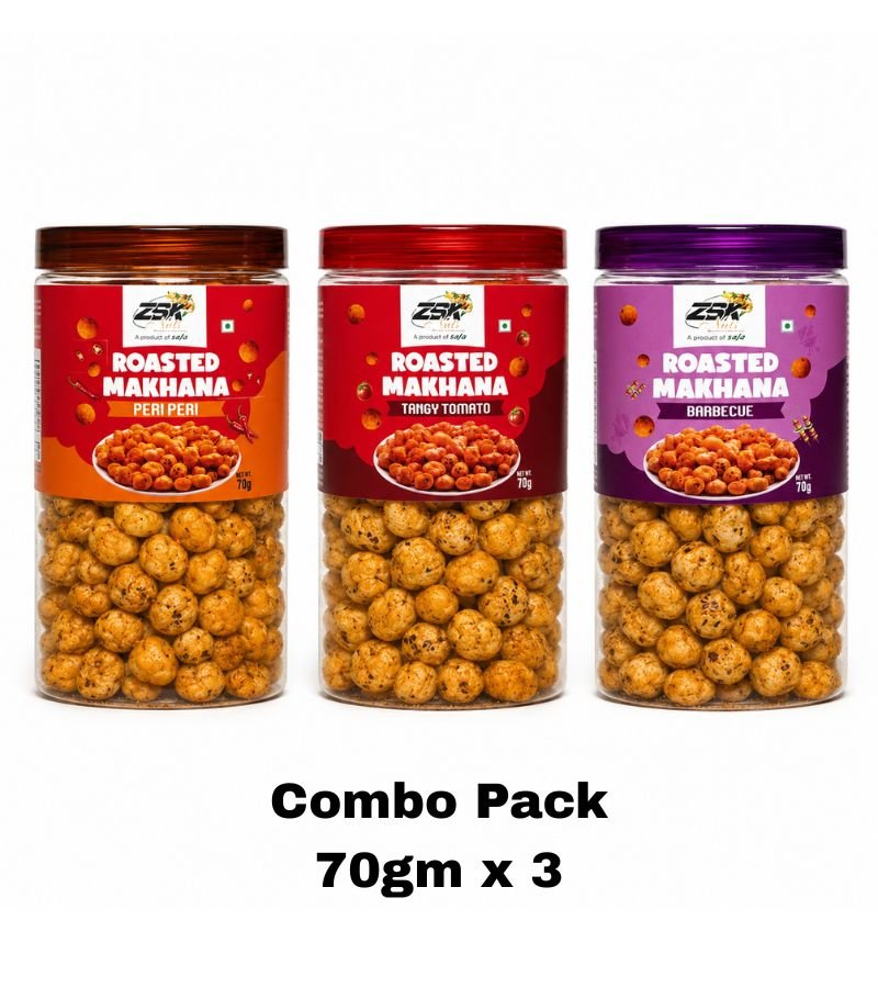47 ZSK Roasted Makhana Fox Nuts | Peri Peri, Tangy Tomato & Barbecue | 70g x 3 - Image 1