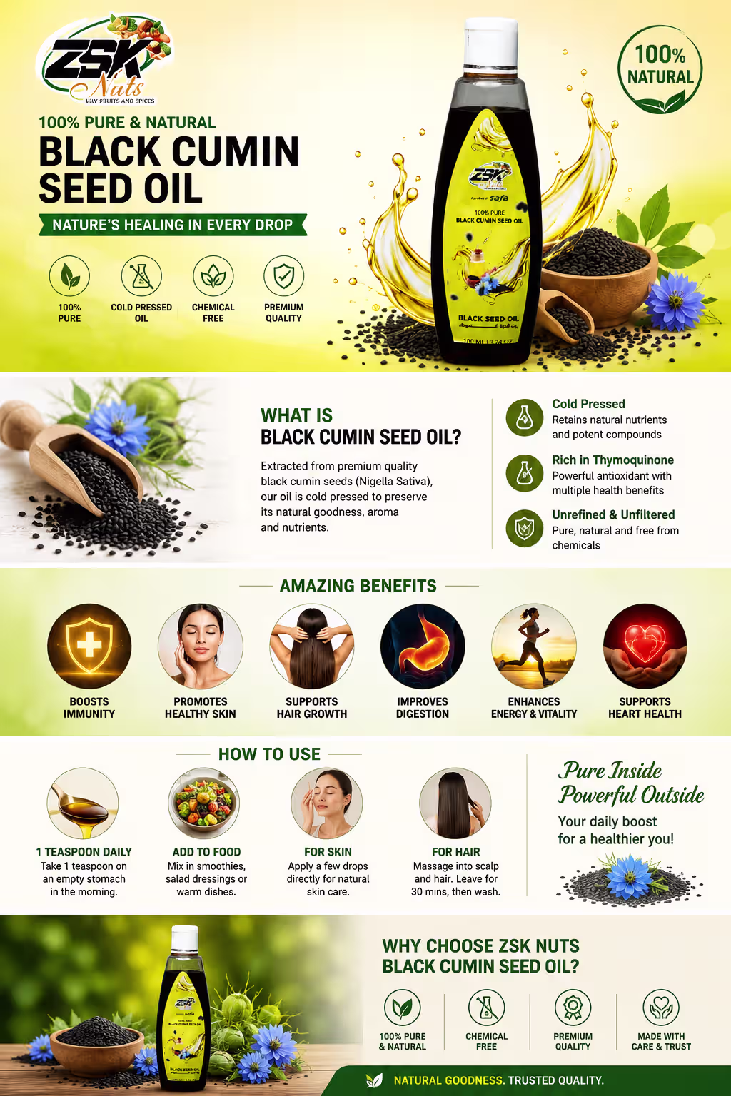 ZSK Black Cumin Seed Oil 100% Pure & Natural | Cold Pressed Nigella Sativa Oil – 100ml